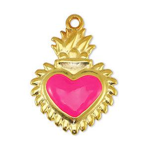 Bedel groot hart kroon Fuchsia-Goud DQ 23x33mm-bedels-Kraaltjes van Renate