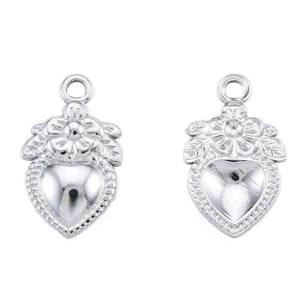 Bedel hart met bloem zilver RVS 21x13mm-bedels-Kraaltjes van Renate
