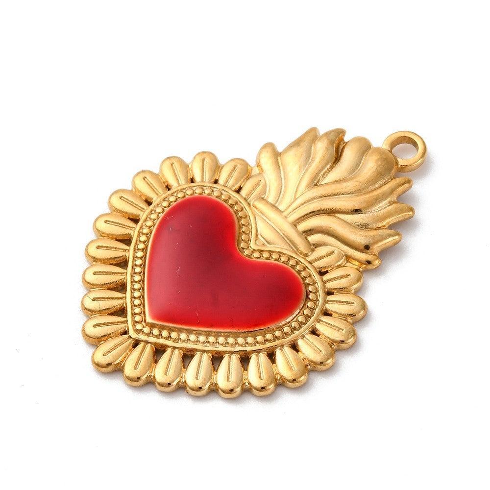 Bedel hart rood RVS 18K Gold plated 33mm - per stuk-bedels-Kraaltjes van Renate