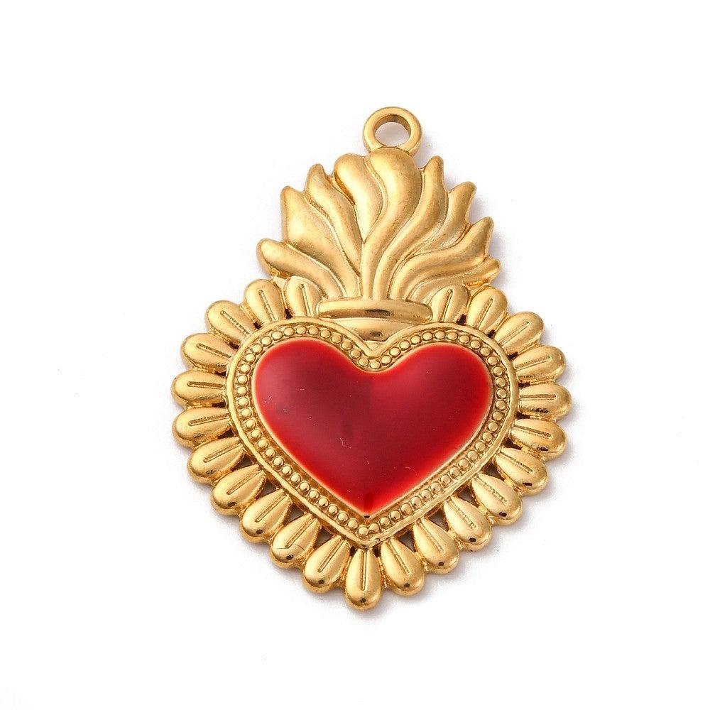 Bedel hart rood RVS 18K Gold plated 33mm - per stuk-bedels-Kraaltjes van Renate