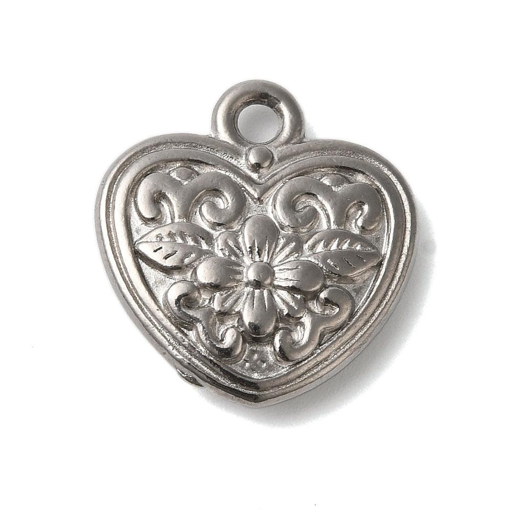 Bedel hartje bloemen zilver RVS 20x19mm-bedels-Kraaltjes van Renate