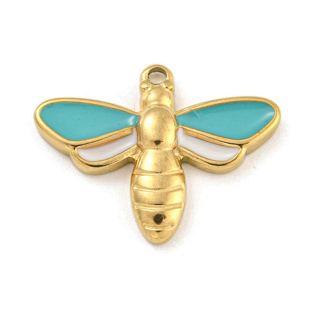 Bedel dragonfly turquoise RVS goud 17x21mm-bedels-Kraaltjes van Renate