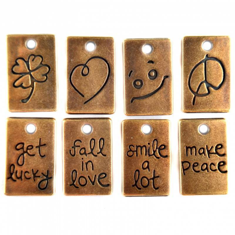 Bedel ¨love smile lucky peace¨ metaal brons DQ 16x10mm-Kraaltjes van Renate