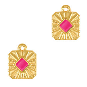 Bedel metaal vierkant Goud-neon fuchsia pink DQ goud 16x13mm-bedels-Kraaltjes van Renate