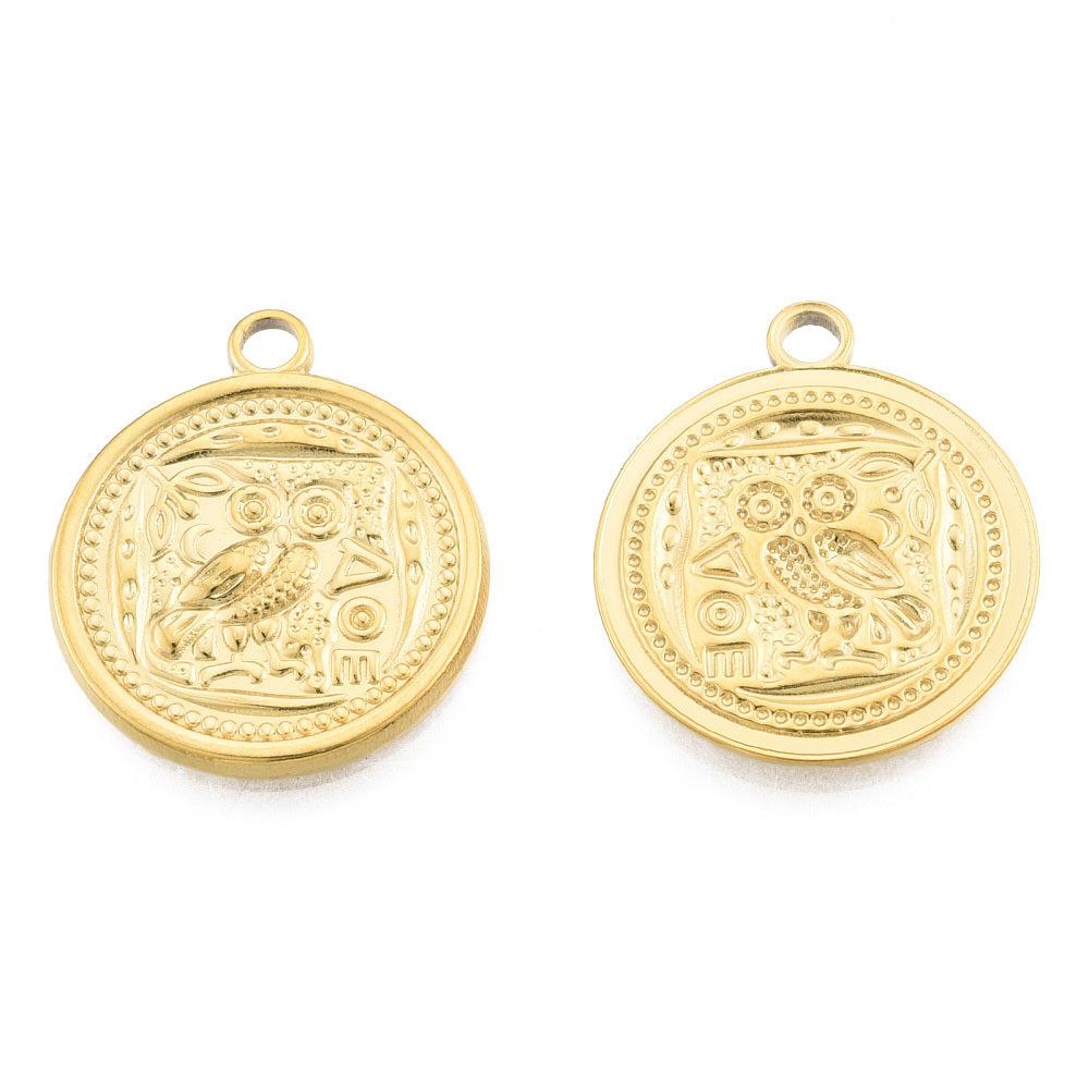 Bedel munt uil Stainless steel 18k Goud 24mm-bedels-Kraaltjes van Renate