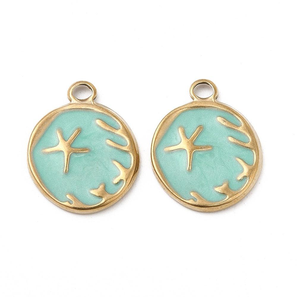 Bedel munt zee turquoise/goud 18K 19x15mm-bedels-Kraaltjes van Renate