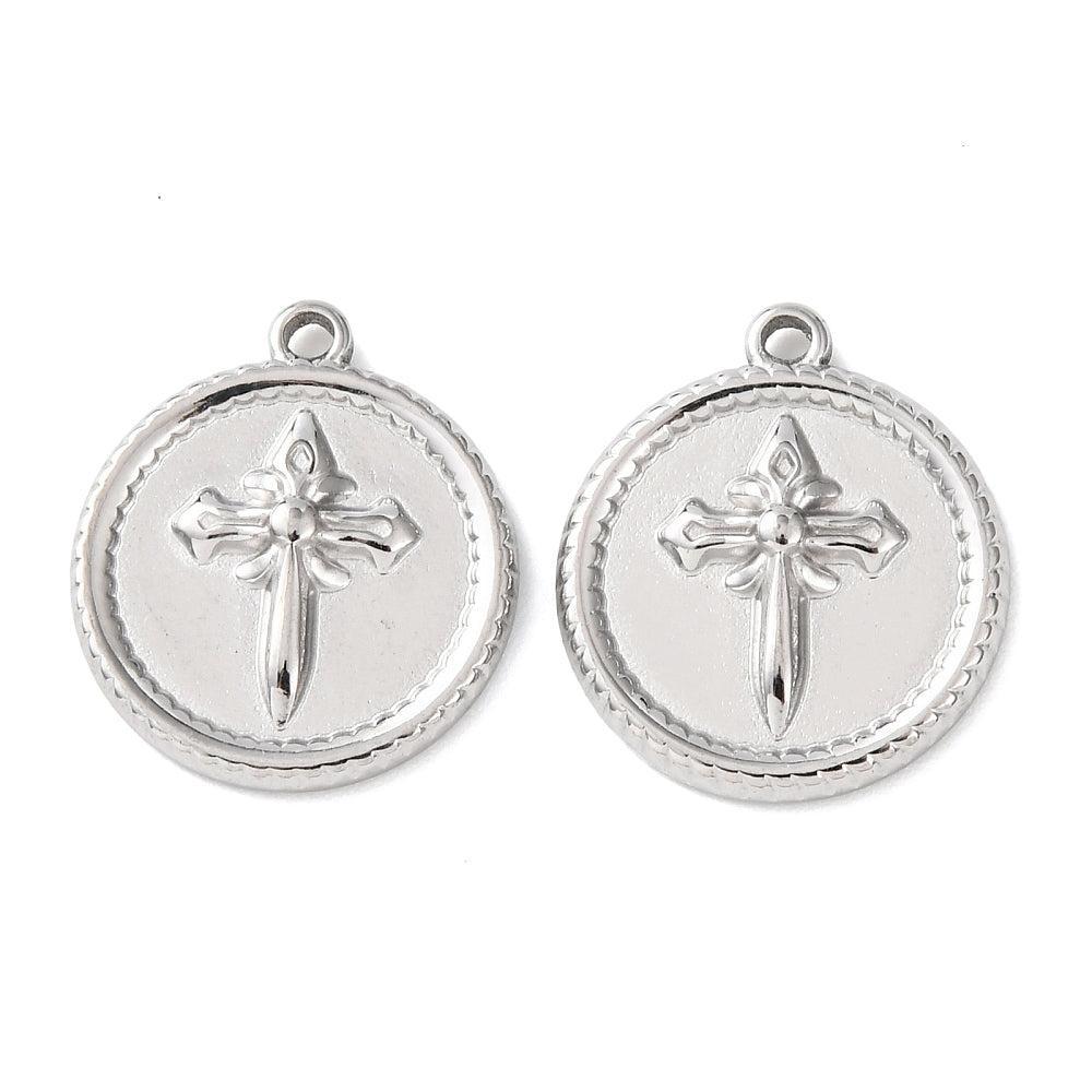 Bedel muntje met kruis RVS zilver 15mm - per stuk-bedels-Kraaltjes van Renate