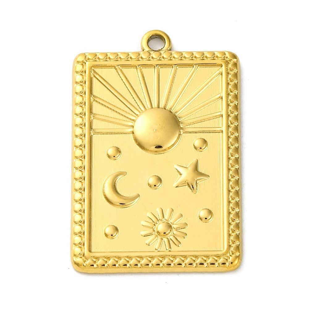 Bedel rechthoek Zon/Maan/Sterren RVS 18k gold plated 18x28mm - per stuk-bedels-Kraaltjes van Renate