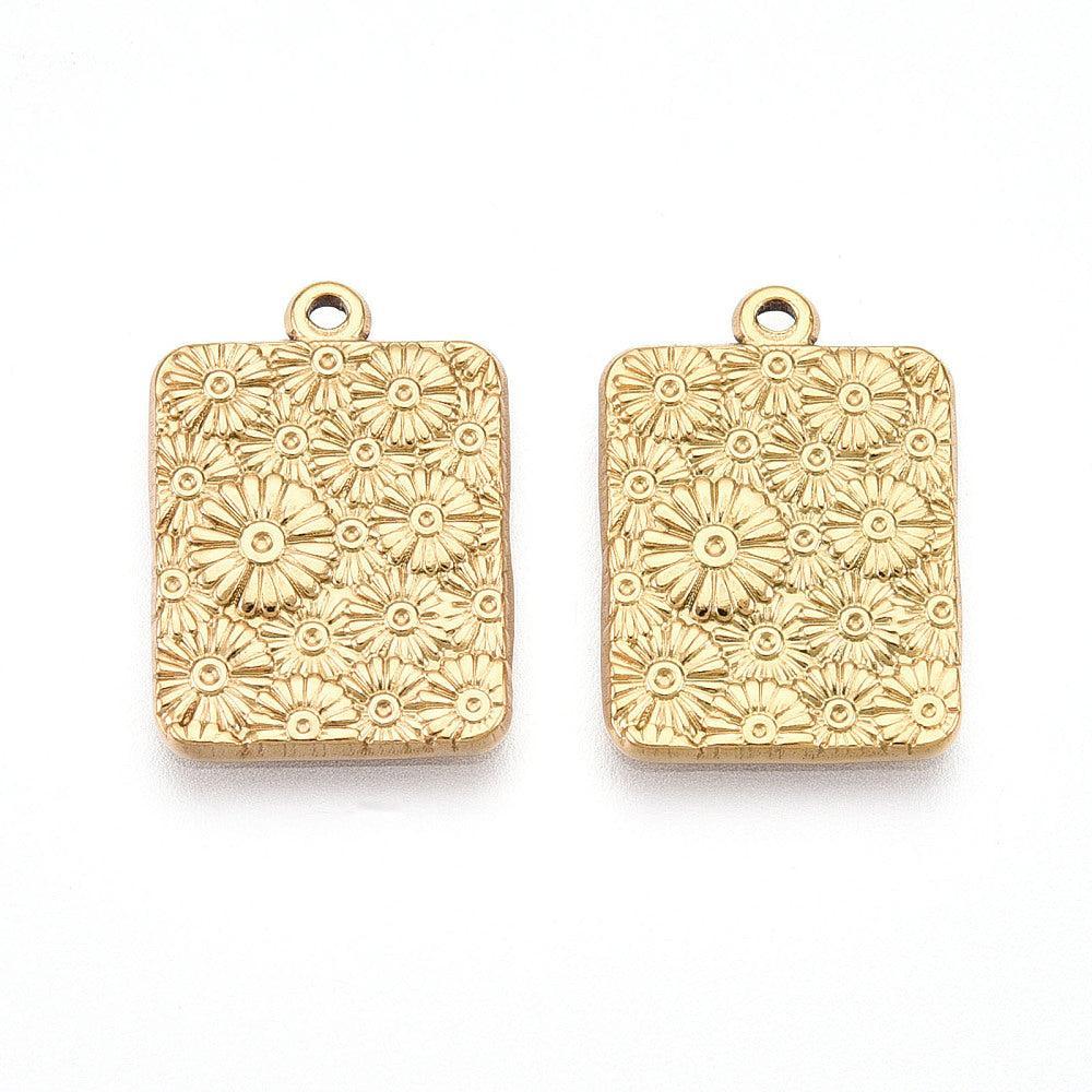 Bedel rechthoek bloemetjes RVS 18K Goud 18,5mm - per stuk-bedels-Kraaltjes van Renate