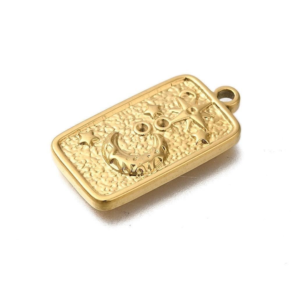 Bedel rechthoek met Maan/Sterren RVS 18k Gold Plated 13x25mm - per stuk-bedels-Kraaltjes van Renate