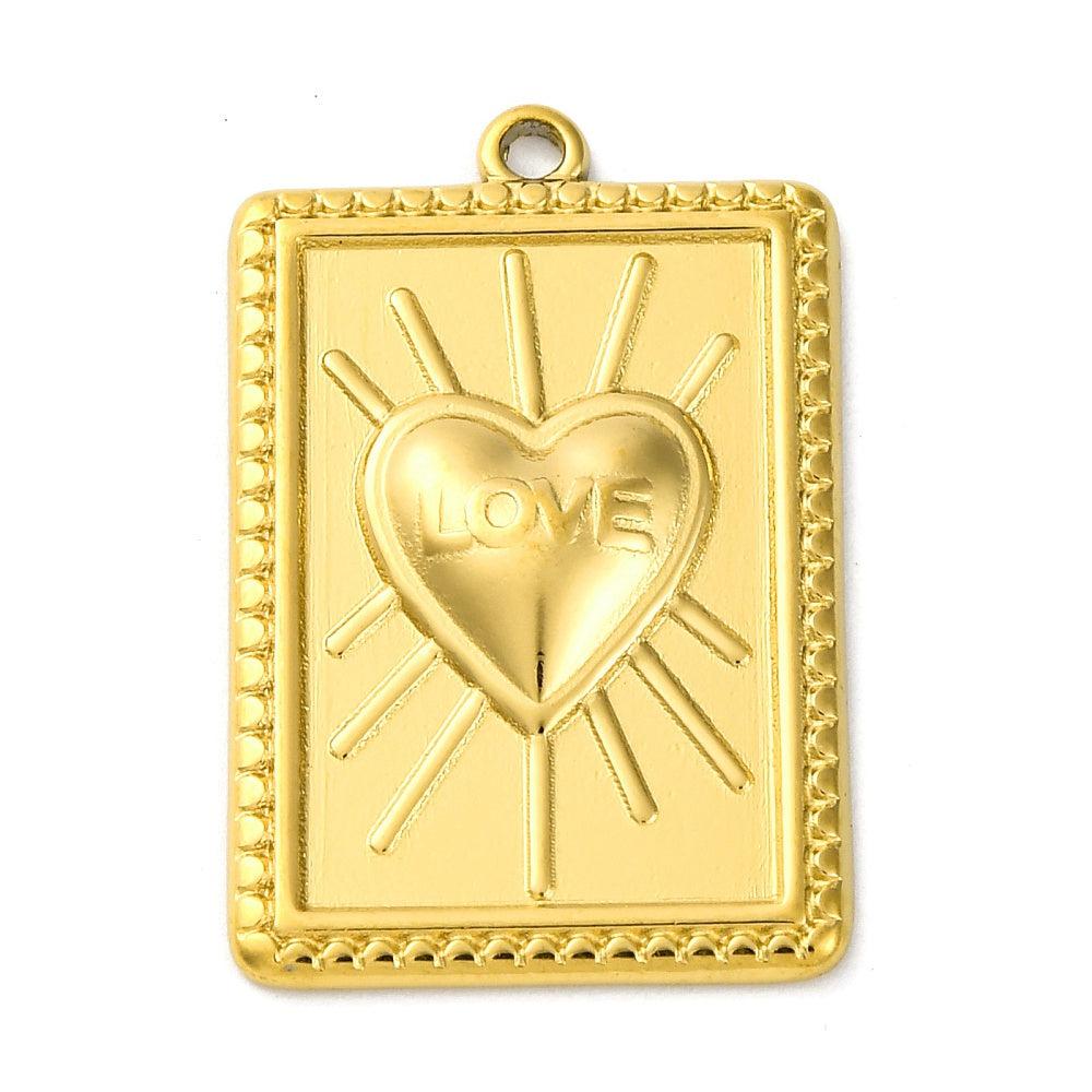 Bedel rechthoek met hart "love" RVS 18k gold plated 18x28mm - per stuk-bedels-Kraaltjes van Renate