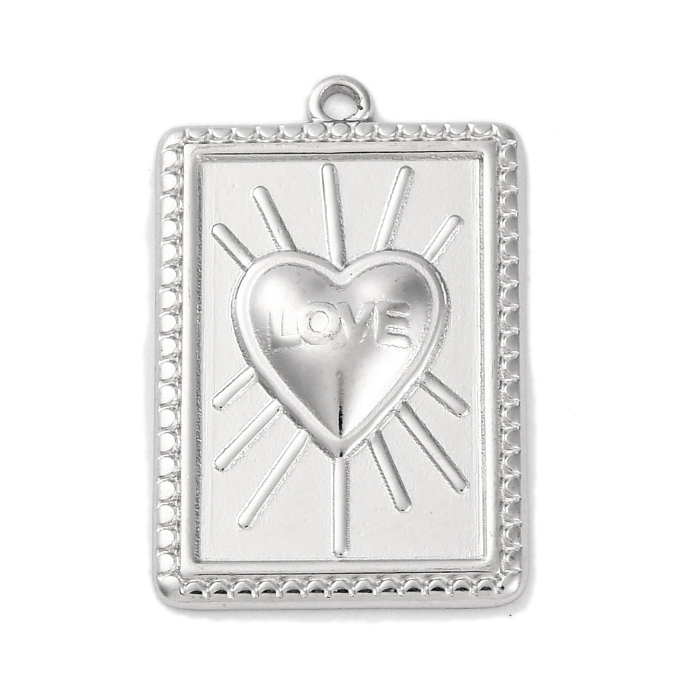 Bedel rechthoek met hart "love" RVS zilver 18x28mm - per stuk-bedels-Kraaltjes van Renate