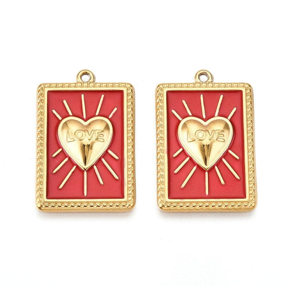 Bedel rectangle hart rood RVS 18K goud 28mm - per stuk-bedels-Kraaltjes van Renate