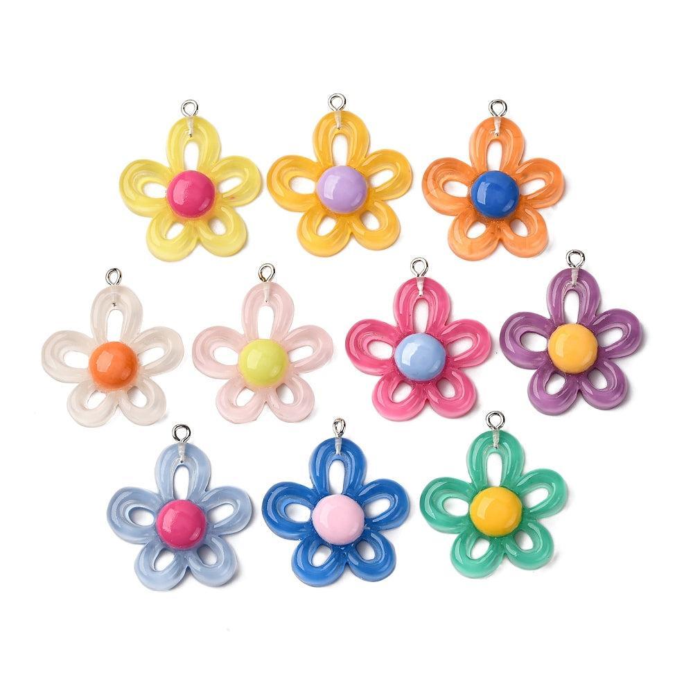 Bedel resin flower gekleurd/zilver 33,5mm- per stuk-bedels-Kraaltjes van Renate