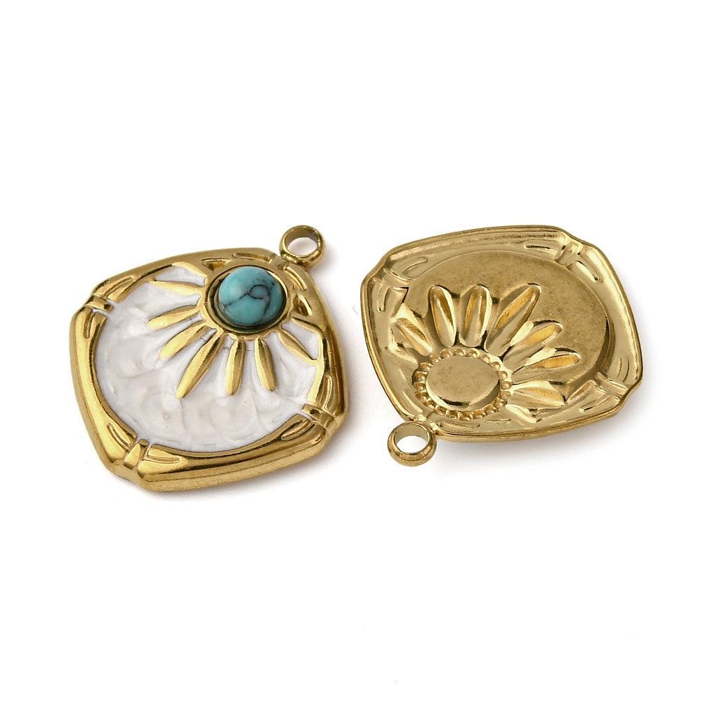 Bedel rhombus turquoise RVS premium goud 21,5mm - per stuk-bedels-Kraaltjes van Renate