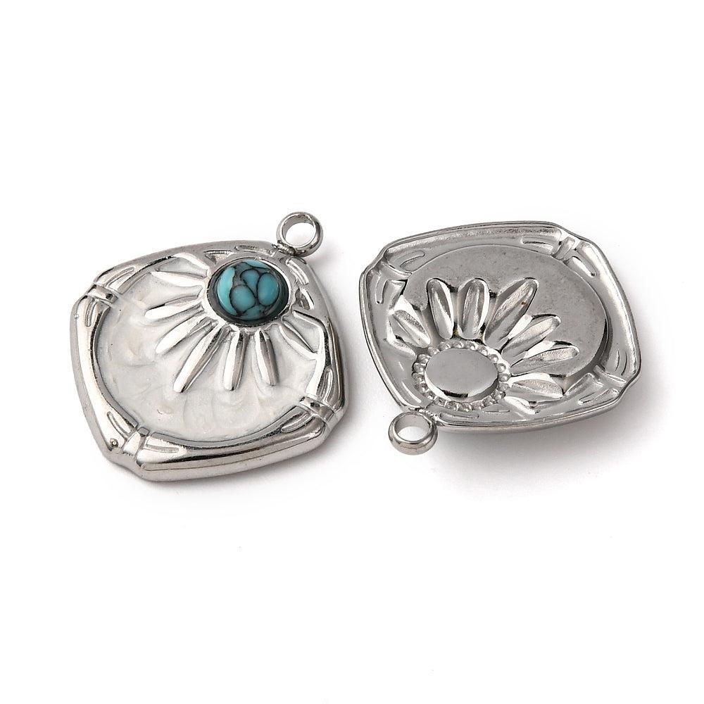 Bedel rhombus turquoise RVS zilver 21,5mm - per stuk-bedels-Kraaltjes van Renate