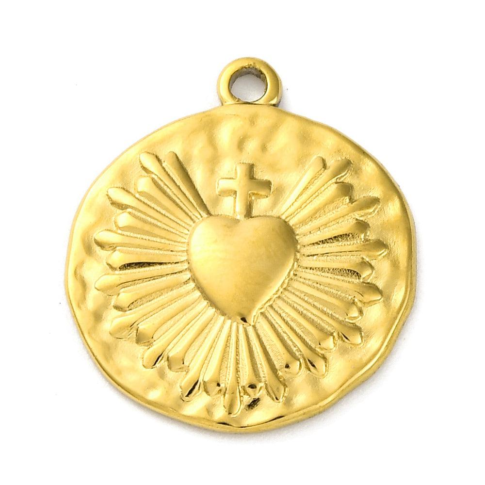 Bedel rond met hart en kruis RVS 18k gold plated 18x21mm - per stuk-bedels-Kraaltjes van Renate