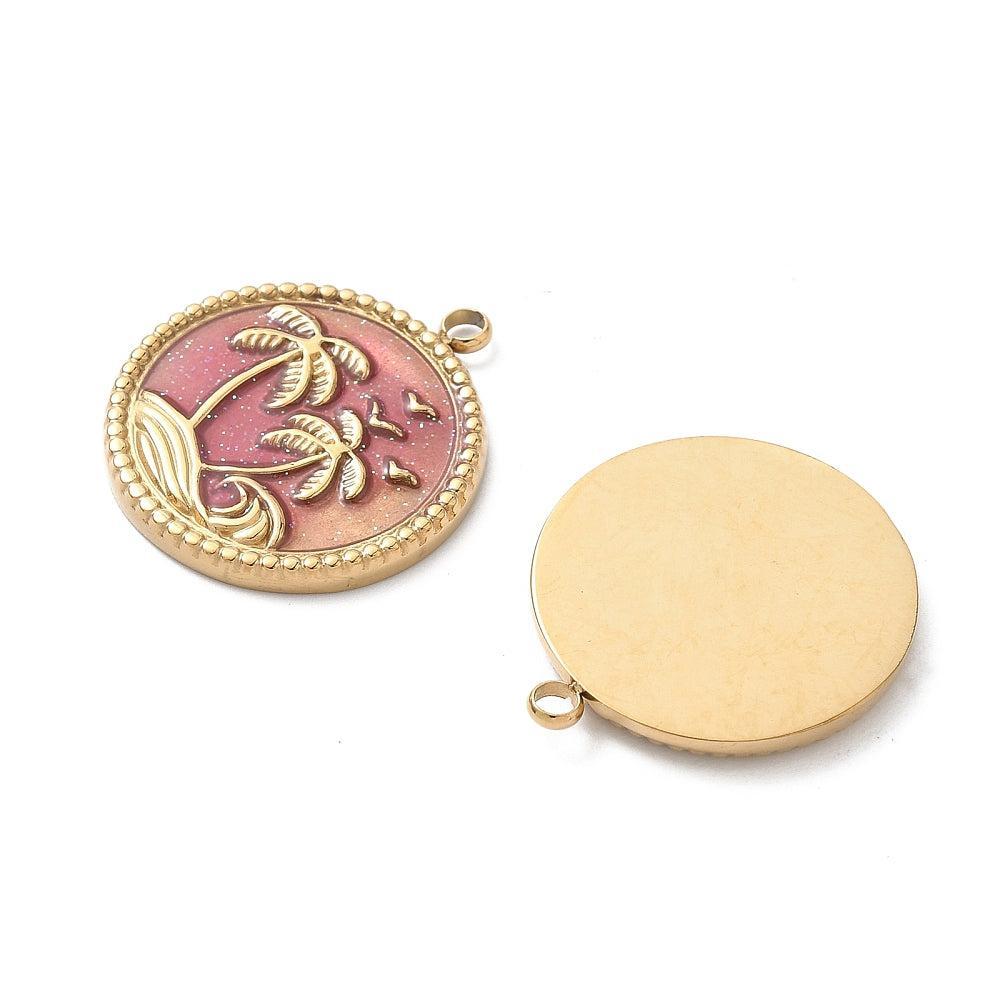 Bedel rond met palmbomen Roze 18k Gold Plated 20x23x2mm- per Stuk-bedels-Kraaltjes van Renate