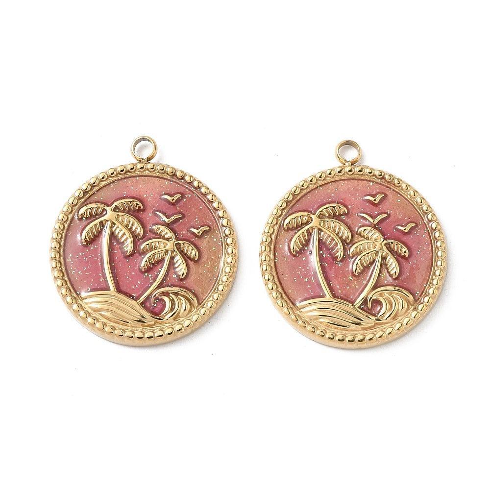 Bedel rond met palmbomen Roze 18k Gold Plated 20x23x2mm- per Stuk-bedels-Kraaltjes van Renate