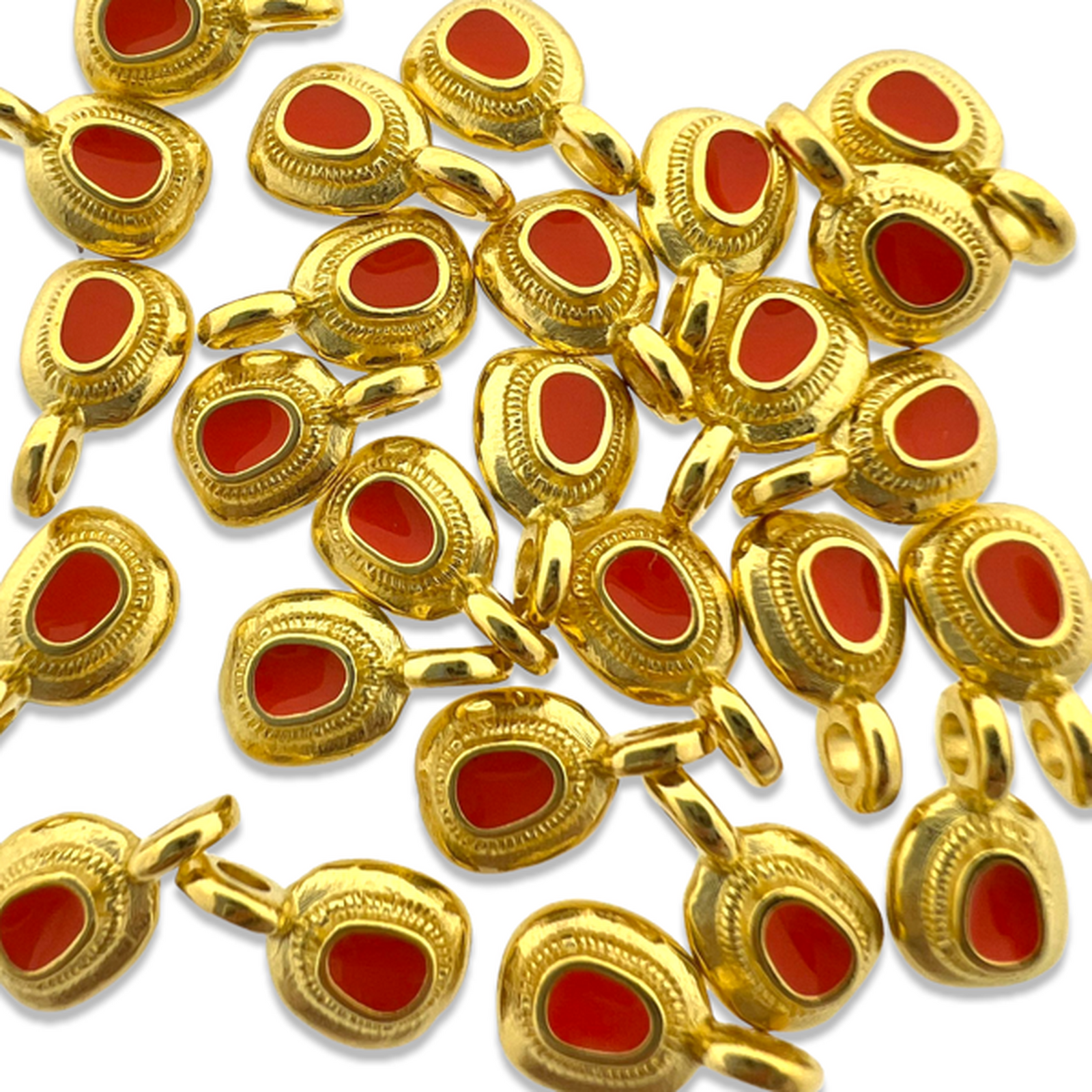 Bedel rond mini motief oranje rood Goud 24K DQ 6x11mm-bedels-Kraaltjes van Renate