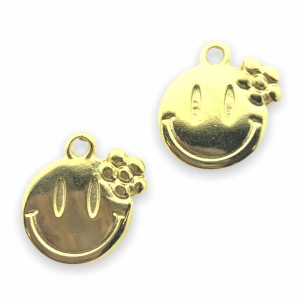 Bedel smiley met bloem Goud 24kr DQ 14x15mm-Kraaltjes van Renate