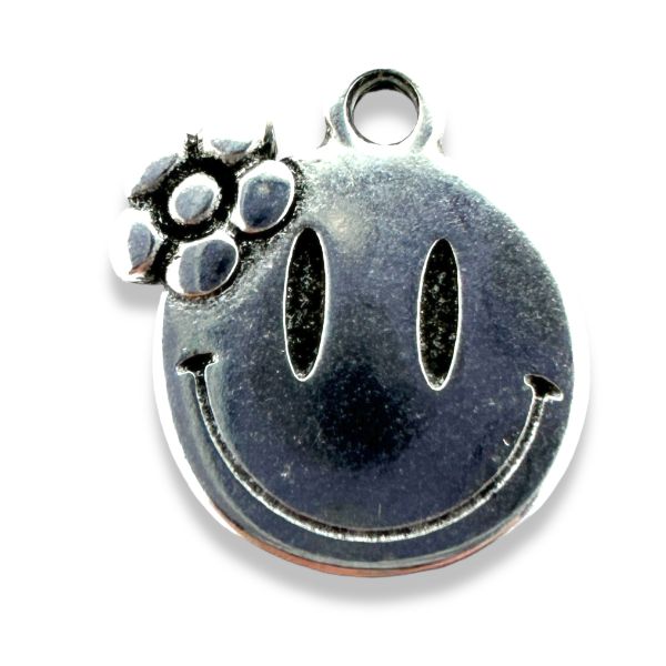 Bedel smiley met bloem zilver DQ 14x15mm-bedels-Kraaltjes van Renate