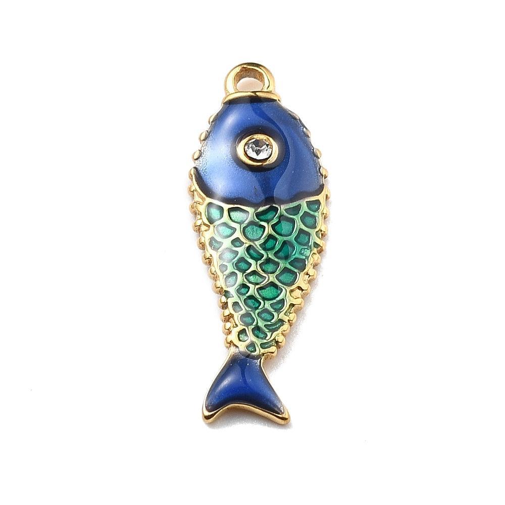 Bedel vis blauwgroen RVS rhinestone goud 23,5mm - per stuk-bedels-Kraaltjes van Renate