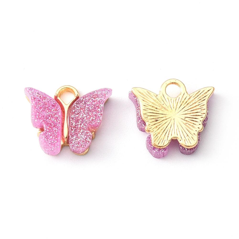 Bedel vlinder glitter donker roze Goud 13x15mm-bedels-Kraaltjes van Renate