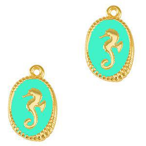Bedel zeepaardje turquoise DQ goud 21mm- per stuk-bedels-Kraaltjes van Renate