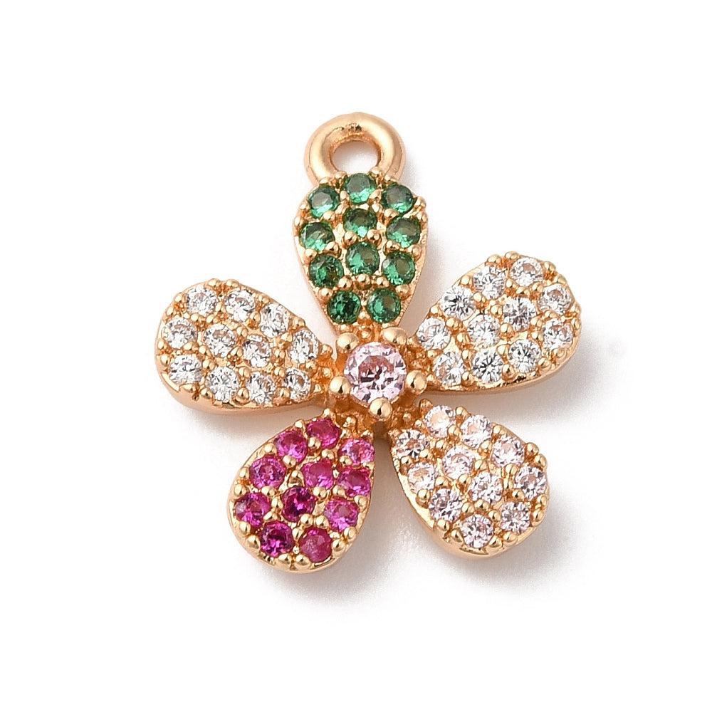 Bedel zirconia bloem gekleurd brass goud 16mm- per stuk-bedels-Kraaltjes van Renate