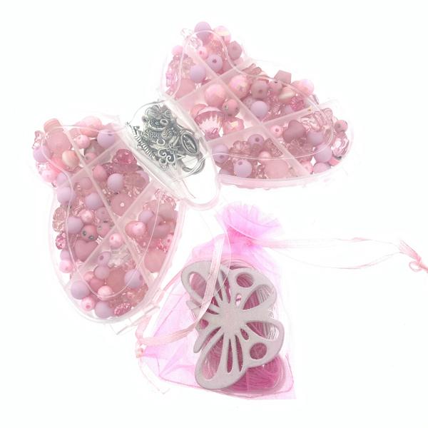 Cadeaubox Vlinder licht roze met kralen/bedels/koord-Kraaltjes van Renate