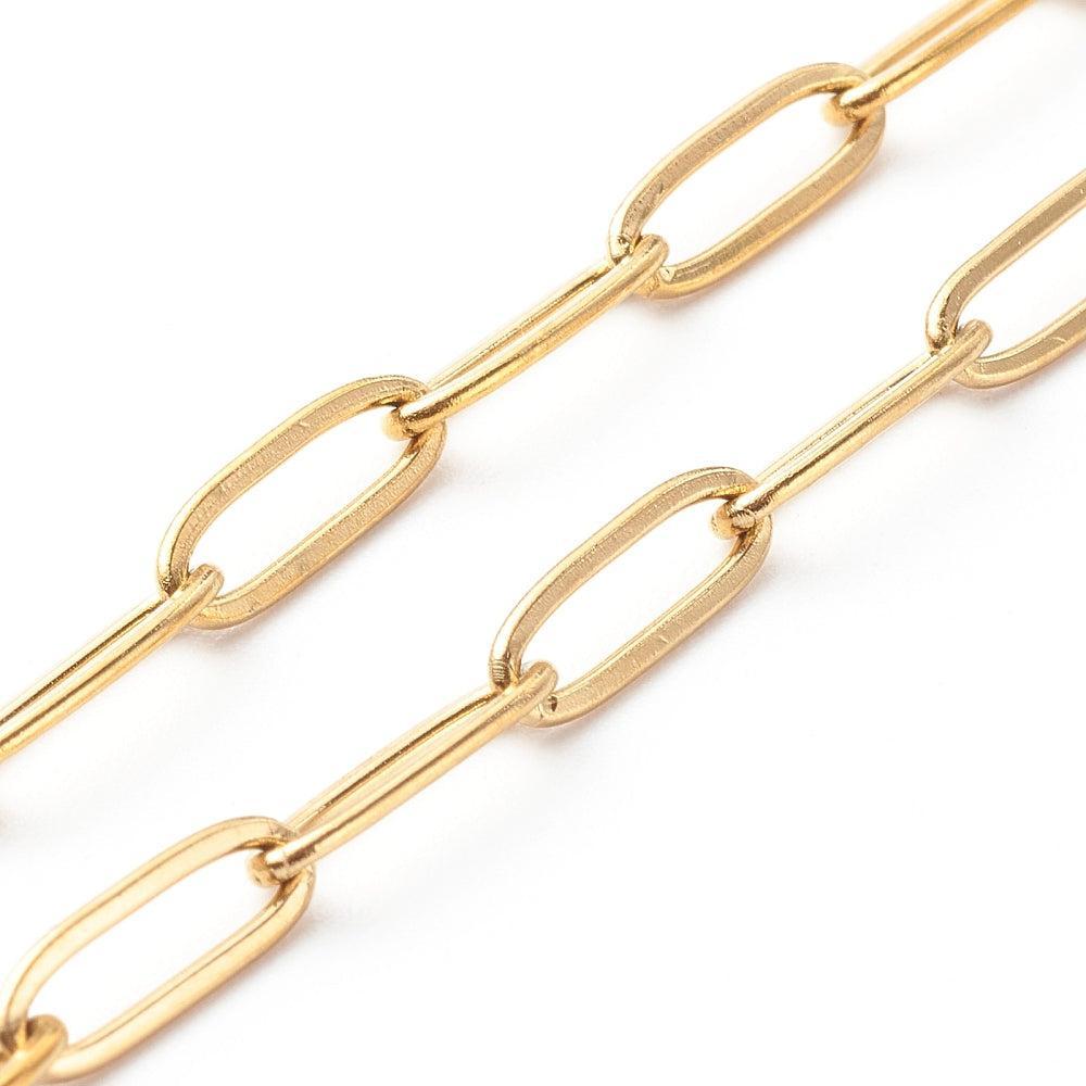 Complete Ketting Paperclip 12x4mm Premium RVS Goud - 49.5cm-Ketting-Kraaltjes van Renate