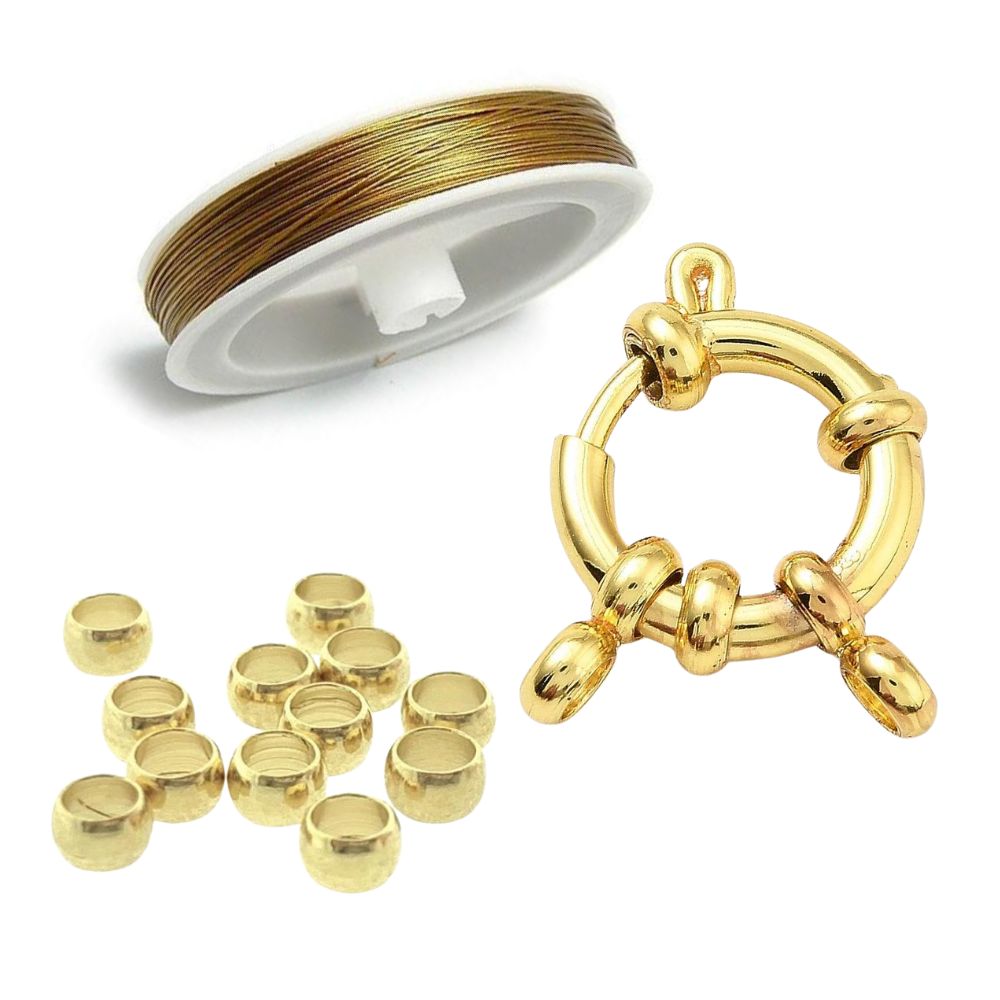 	DIY rijgset goud met rol gecoat ijzerdraad, knijpkralen en Premium RVS boeisluiting