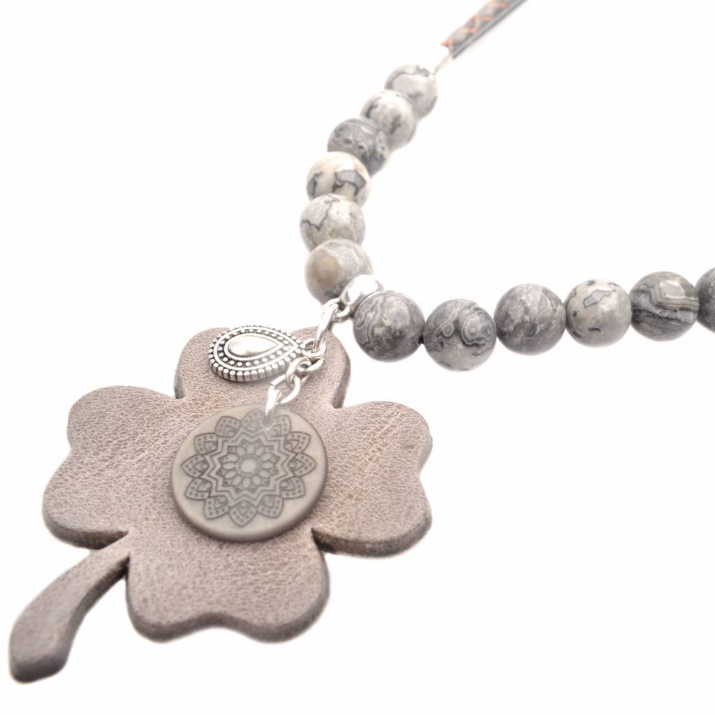 DIY Edelsteen & Leer ketting lang Taupe grey-Kraaltjes van Renate
