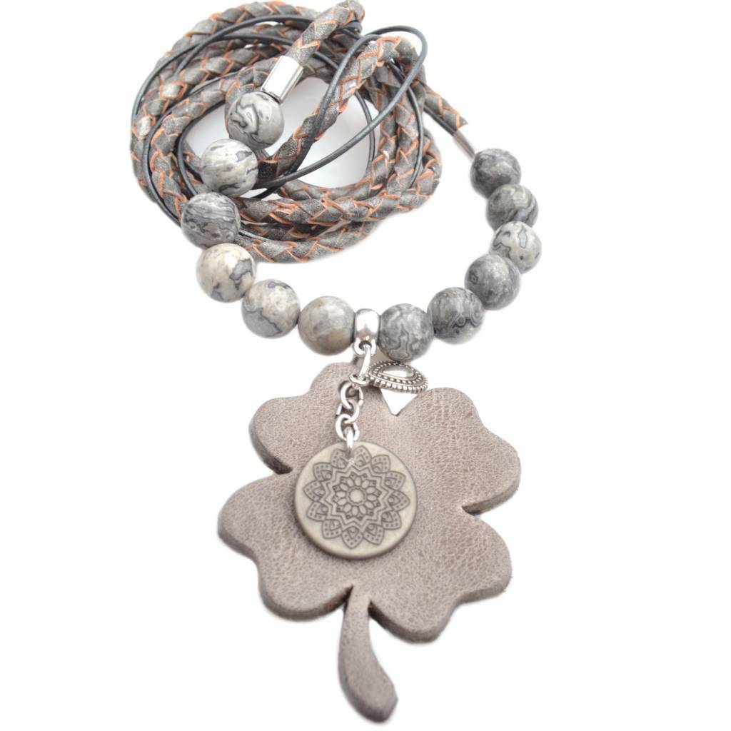 DIY Edelsteen & Leer ketting lang Taupe grey-Kraaltjes van Renate
