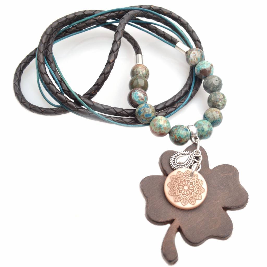 DIY Edelsteen & Leer ketting lang Turquoise brown-Kraaltjes van Renate