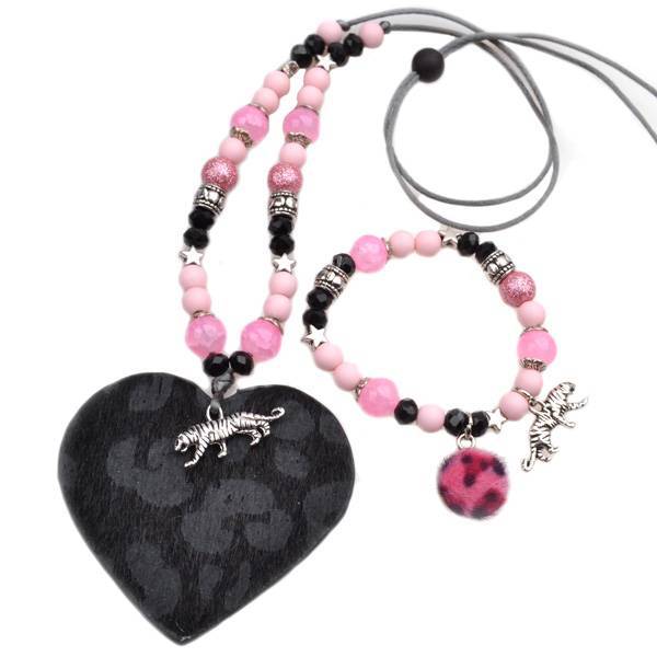 DIY Leopard set Ketting & Armband Roze en Zilver-Kraaltjes van Renate
