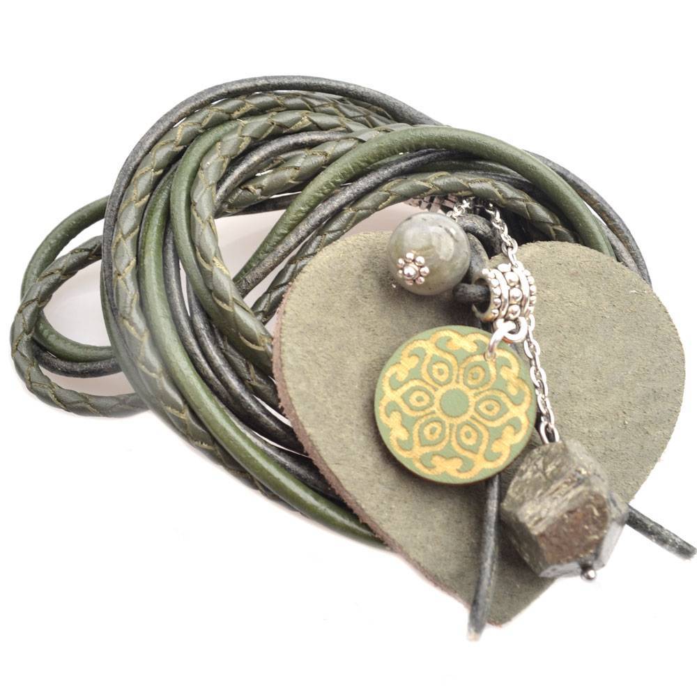 DIY Mix ketting Leer | Edelsteen | Hout - Olive Green-Kraaltjes van Renate