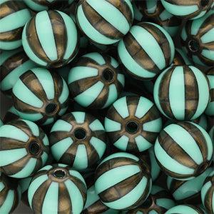 DQ Acryl Kralen Rond met Strepen Turquoise groen-goudbruin 12mm - per stuk-Kralen-Kraaltjes van Renate