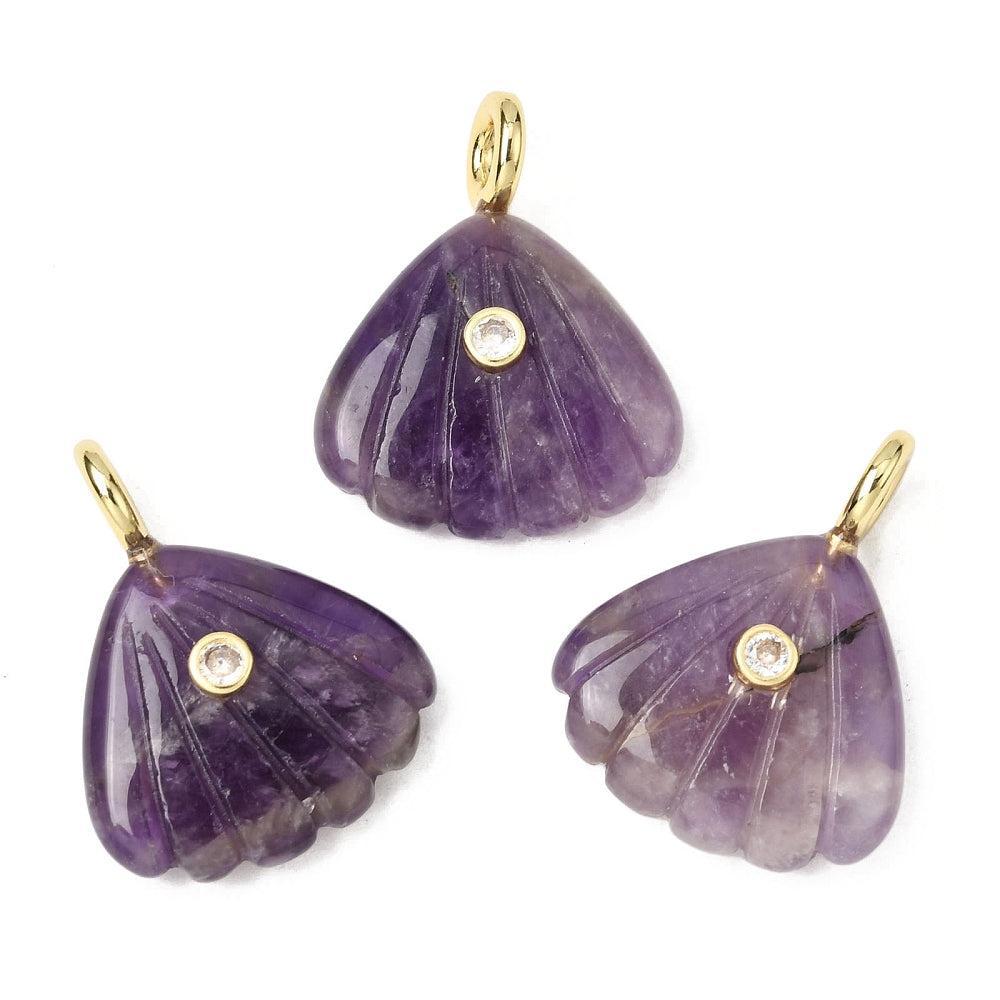 Edelsteen Bedel Amethyst Schelp Paars / Goud 29mm - per stuk-Bedels-Kraaltjes van Renate