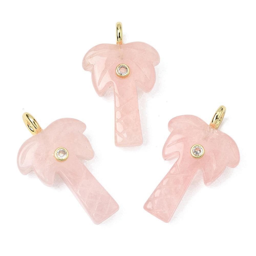 Edelsteen Bedel Palmboom Rozenkwarts Roze / Goud Zirconia 35mm - per stuk-Bedels-Kraaltjes van Renate