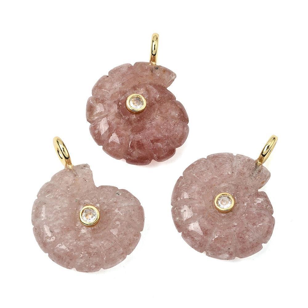 Edelsteen Hanger Strawberry Quartz Schelp Roze / Goud 34mm - per stuk-Bedels-Kraaltjes van Renate