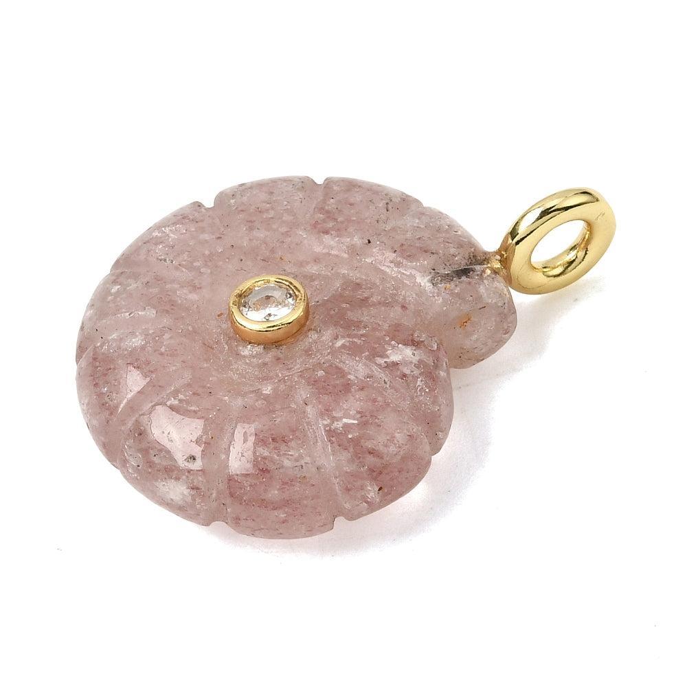 Edelsteen Hanger Strawberry Quartz Schelp Roze / Goud 34mm - per stuk-Bedels-Kraaltjes van Renate
