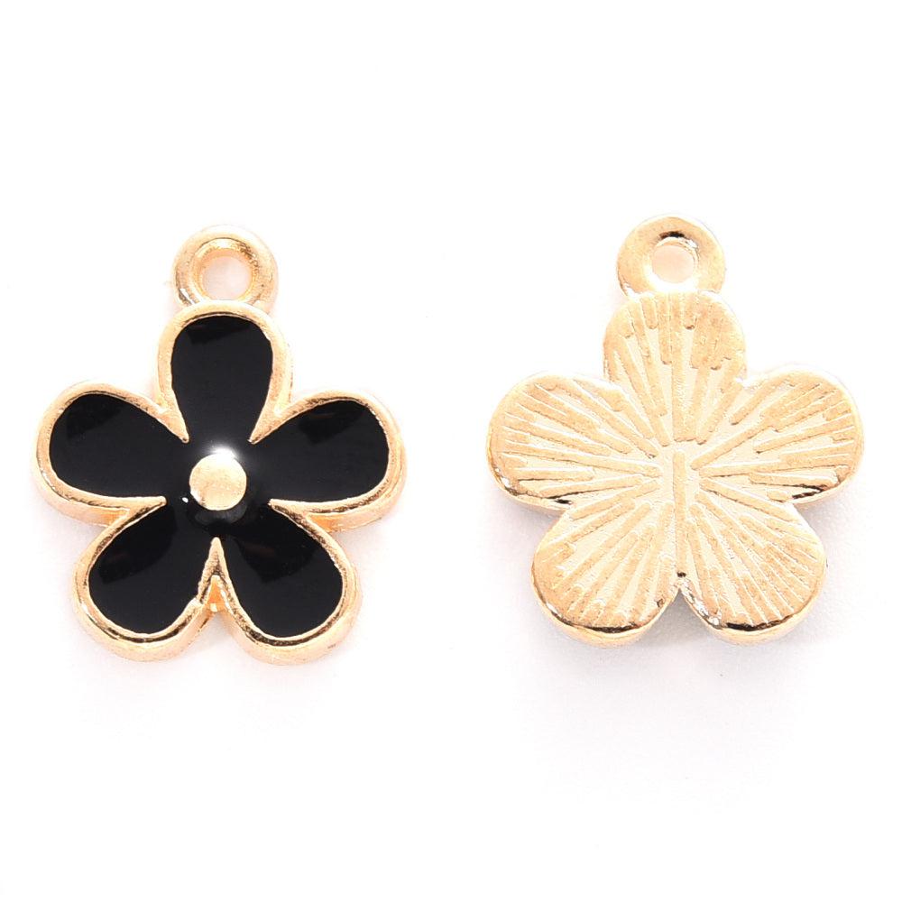 Emaille bloemetje zwart/goud 15mm-bedels-Kraaltjes van Renate
