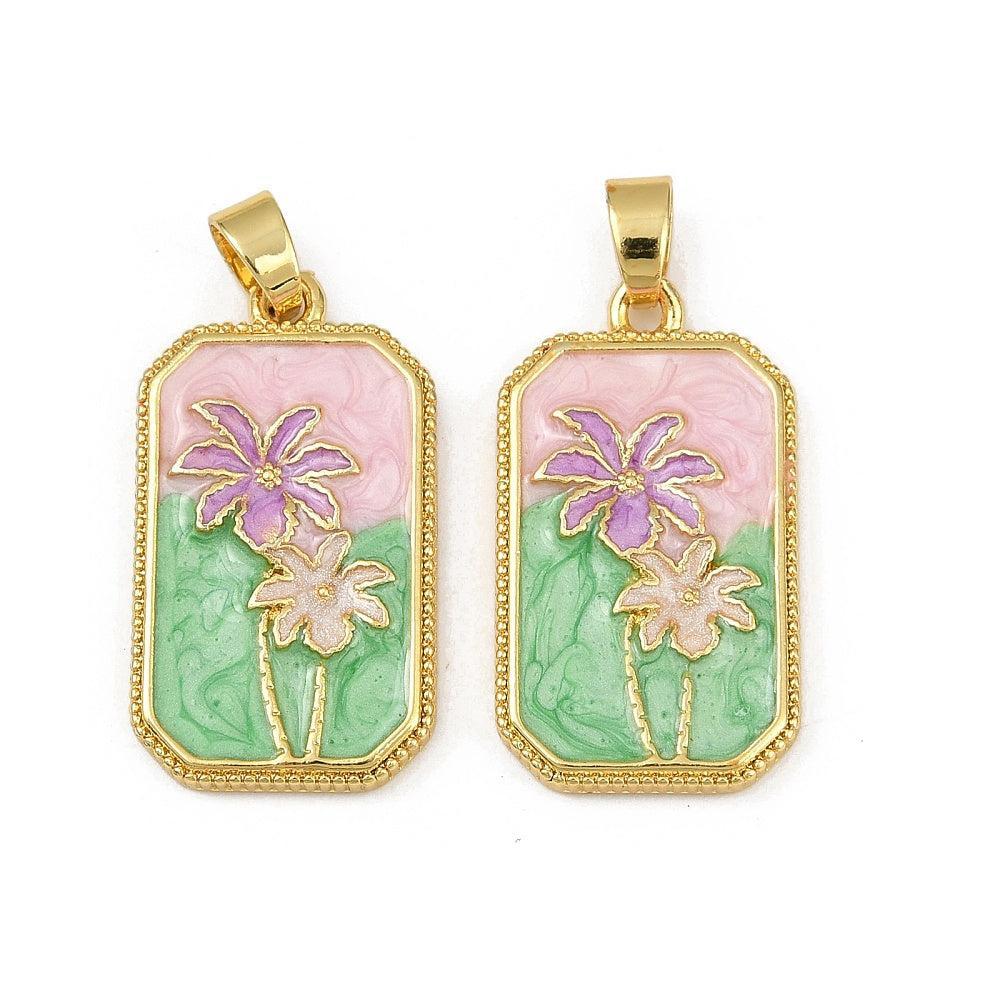 Emaille tarot bedel groen met roze en paarse bloemen 15.5mm x 27.5mm-bedels-Kraaltjes van Renate