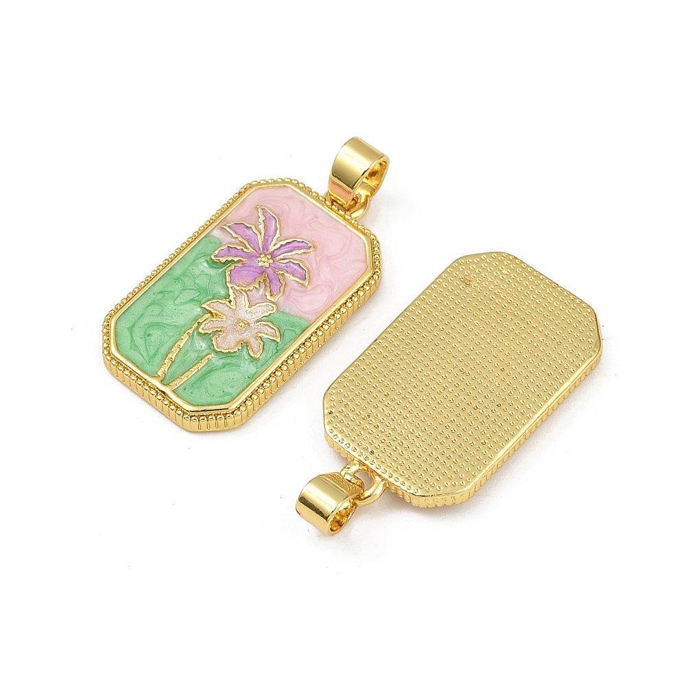 Emaille tarot bedel groen met roze en paarse bloemen 15.5mm x 27.5mm-bedels-Kraaltjes van Renate