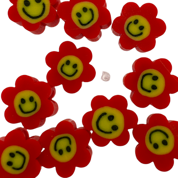 Fimo bloem rood smiley 10mm - 10 stuks-Kralen-Kraaltjes van Renate