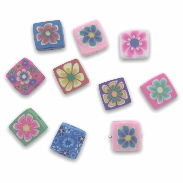 Fimo vierkantjes met bloem mix 10x10mm - 10 stuks-Kraaltjes van Renate