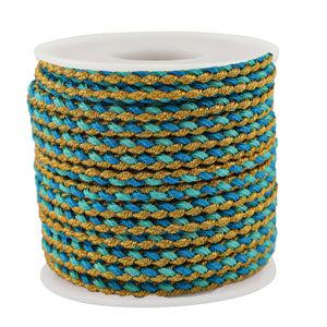 Gevlochten koord Turquoise-blue-gold 3mm - 1 meter-koord-Kraaltjes van Renate