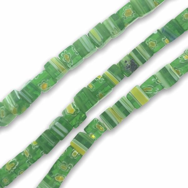 Glas kralen millefiori vierkant groen 6mm - 5 stuks-Kraaltjes van Renate